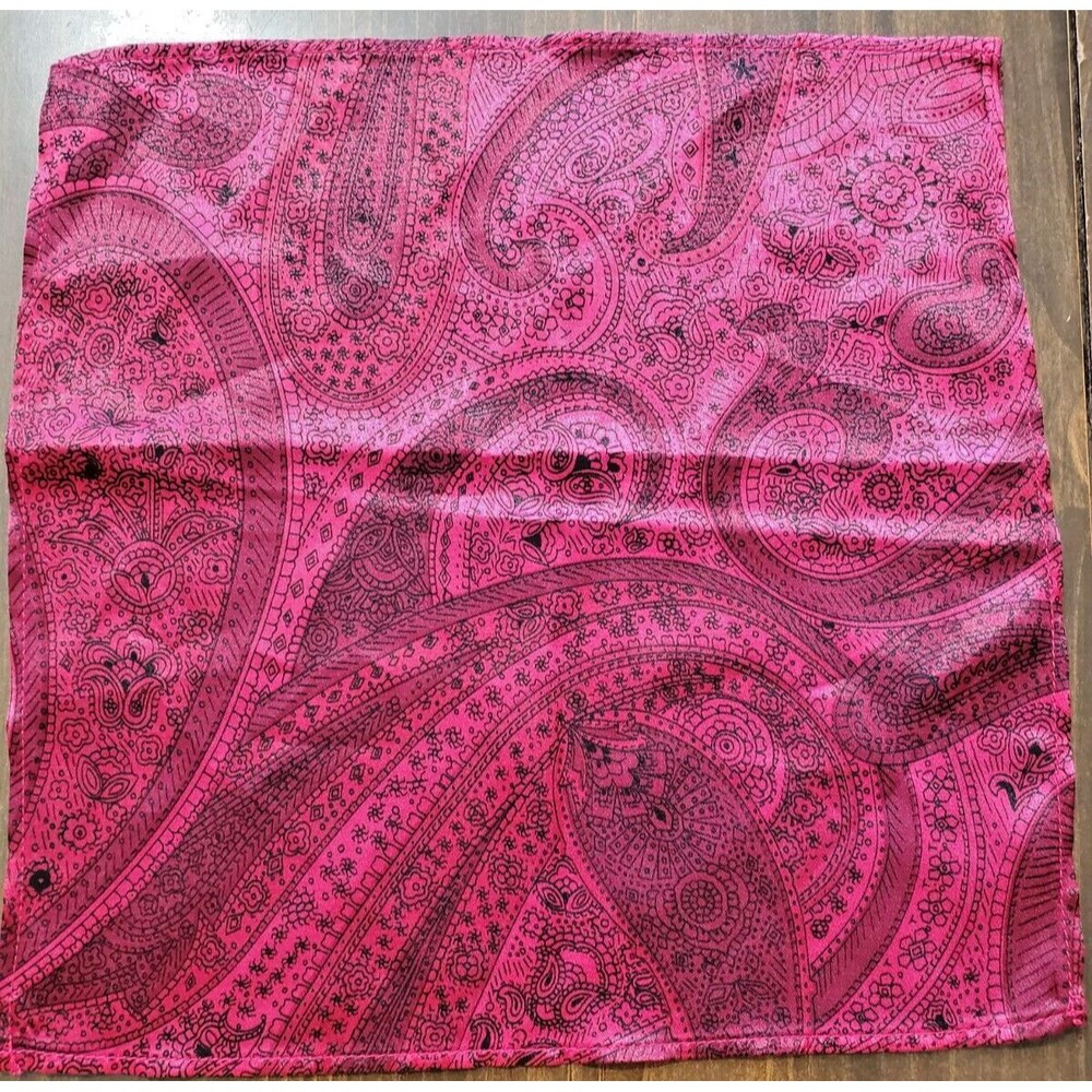 Vintage Men's Pocket Square Pink Black Paisley Satin 10" x 10" Square Polyester